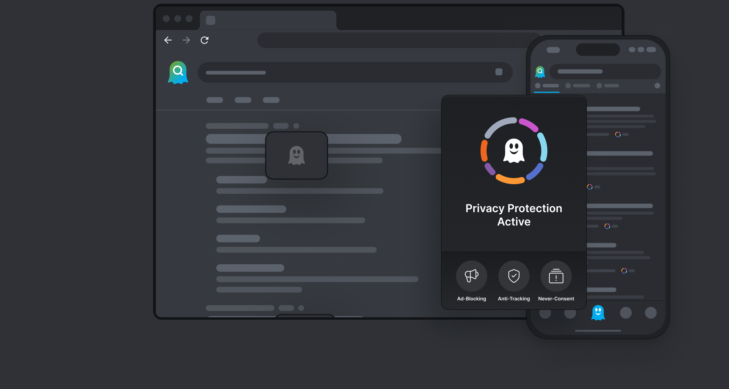 A browser displaying new tab window, mobile search results and tracking statistics.